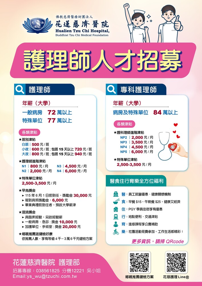 【徵才訊息】花蓮慈濟醫院誠徵 護理人員圖片